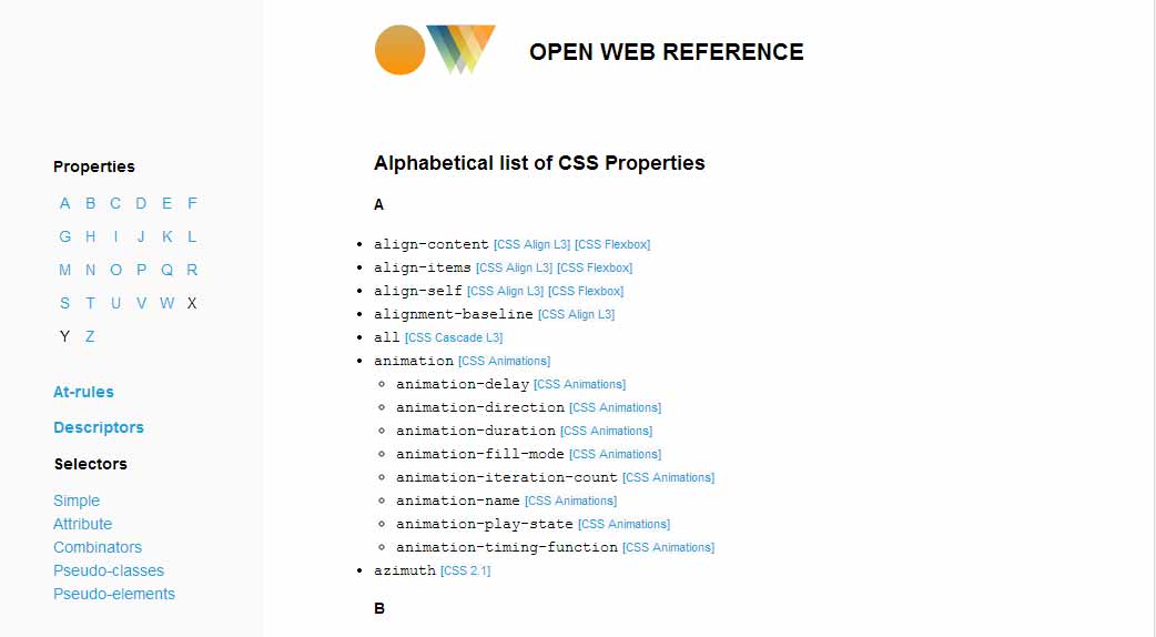 alphabetical list of CSS properties