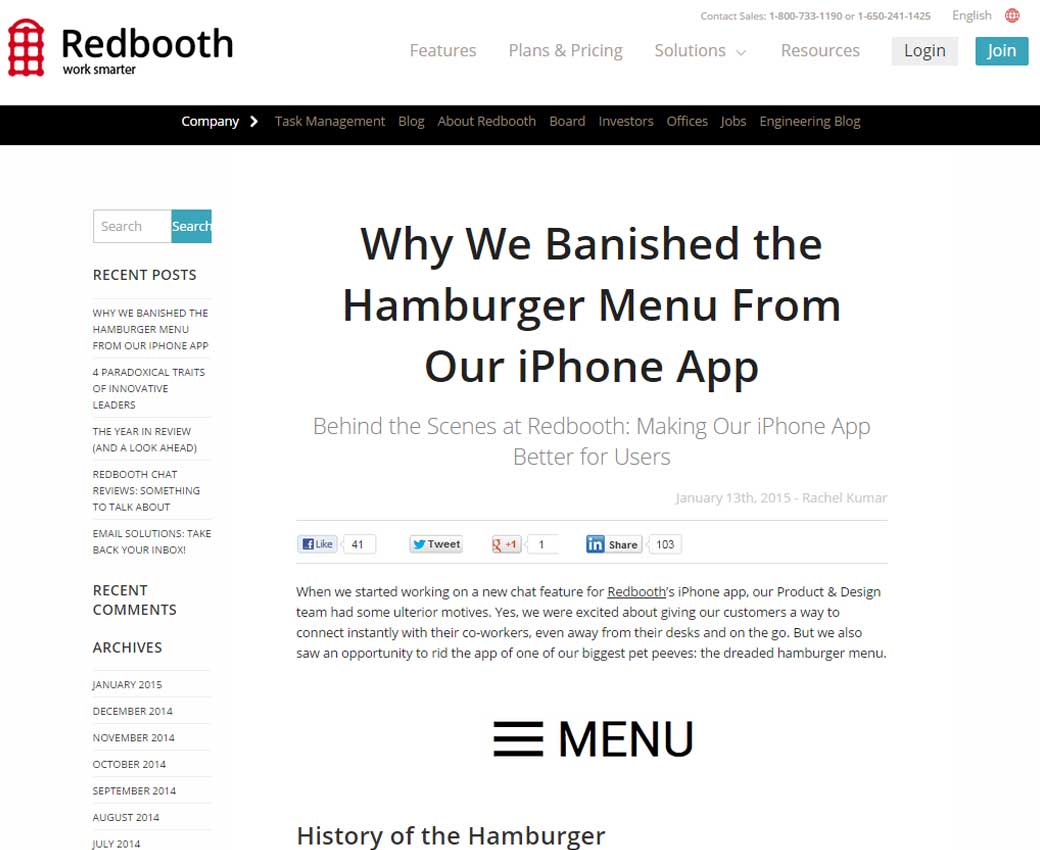 Redbooth redesign: they removed the burger menu