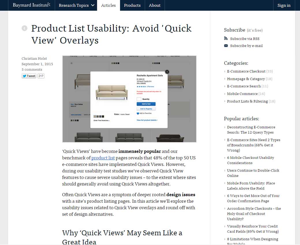 Product List Usability: Avoid 'Quick View’ Overlays