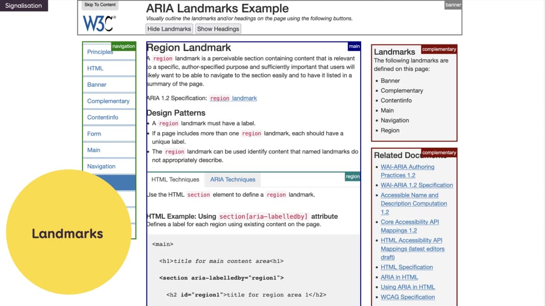 Exemple du site de document ARIA landmarks, qui documente les zones avec des annotations colorées.