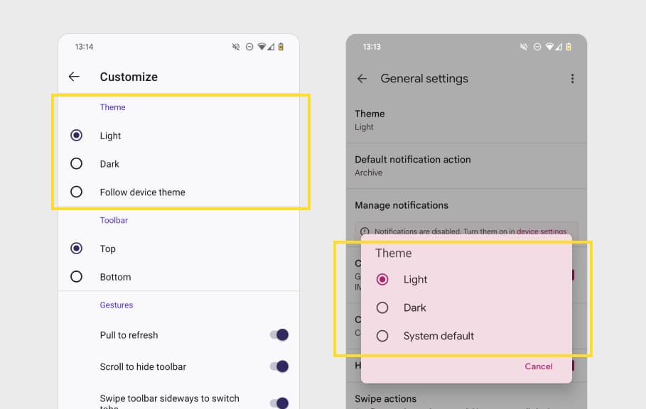 Captures d'écran de Firefox Android et de Gmail Android, tous deux offrant la possibilité de forcer un thème clair, sombre ou de suivre le mode de l'appareil.