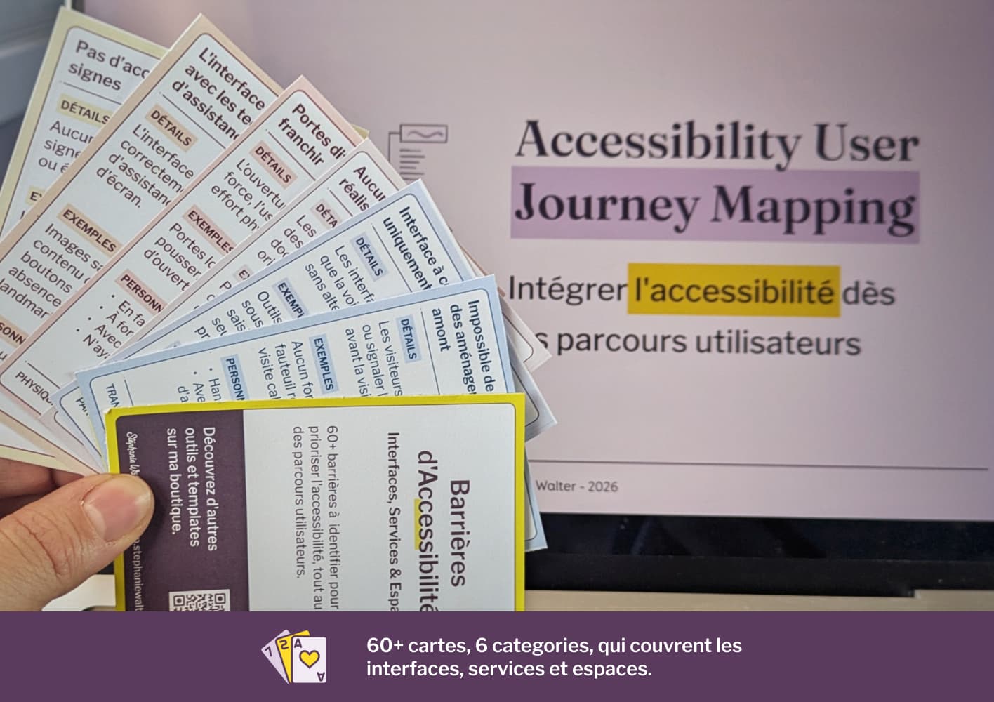 60+ cartes, 6 categories, qui couvrent les interfaces, services et espaces. Photos d'un eventail de cartes devant une presentation.