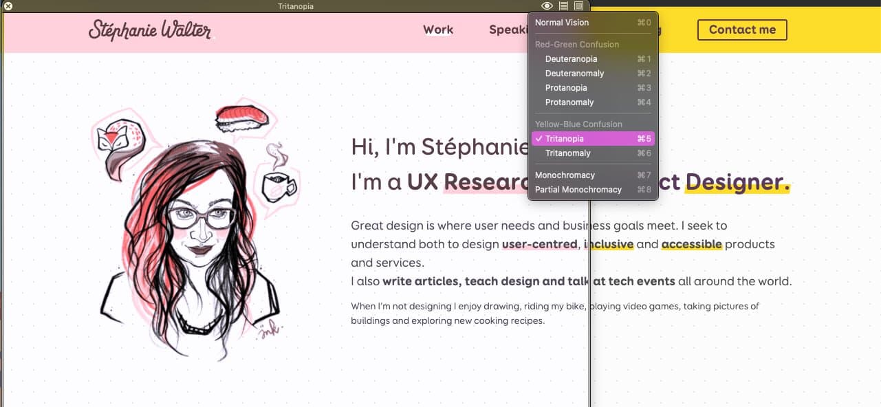 Example of the tool on top of my website simulating tritanopia, the yellow becomes pink