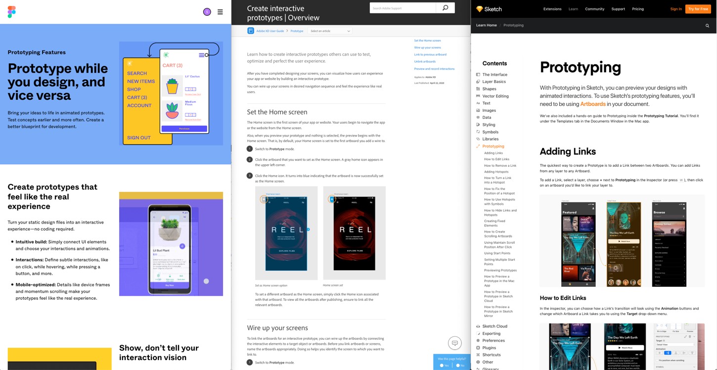 Documentation page for Figma, AdobeXD and Sketch's prototyping tools