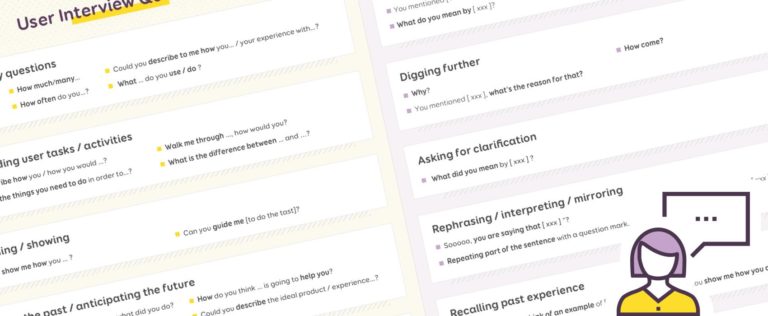 A cheatsheet of user interview questions (in yellow) and follow-ups (in purple)