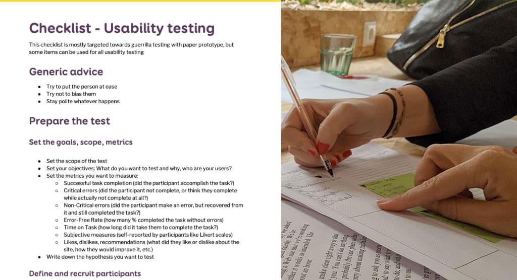 Screenshot of the usability checklist on the left and a person going through a paper test on the right