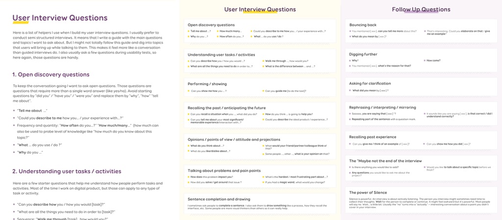 A user interview cheatsheet in word format, and a user interview question and followup question guide with small sentences to re-use