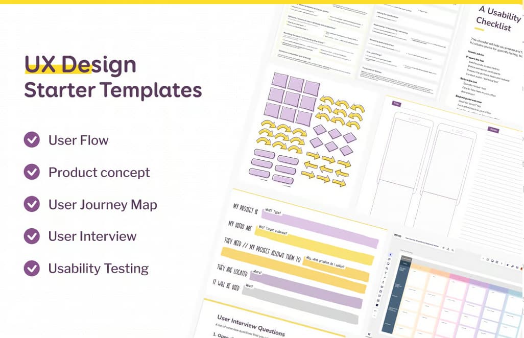 UX Design Starter Templates: user flow, product concept, User journey map, user interview, usability testing