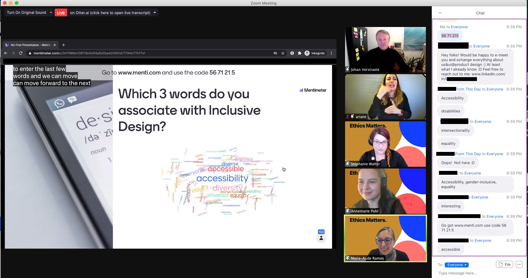 Screenshot of the zoom call with us 4 on the right and in the middle a survey about "3 words associated with inclusive design"