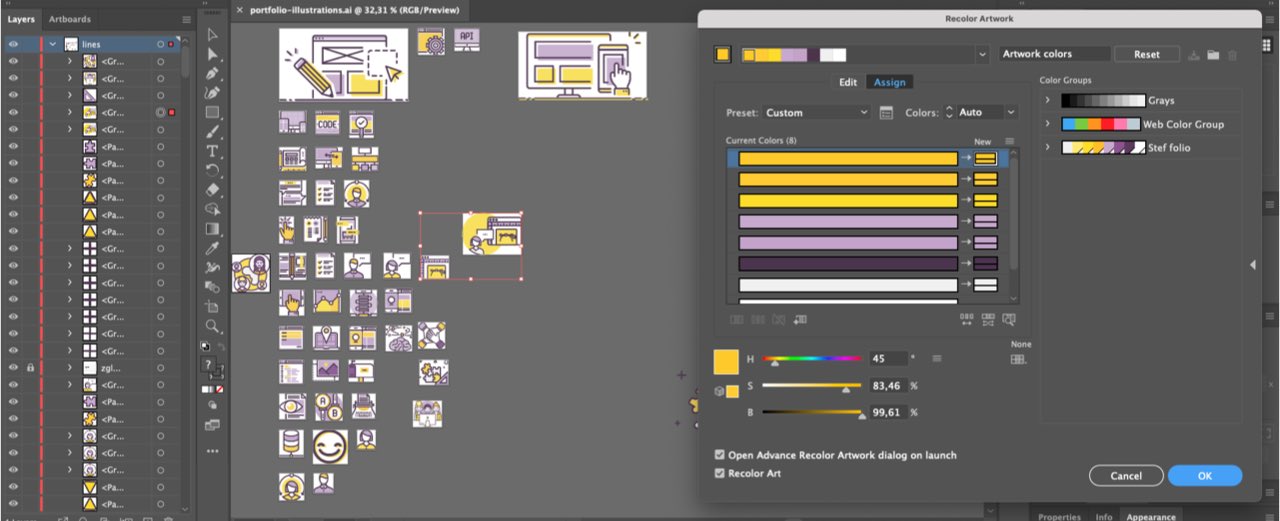 Illustrator file opened with the "recolor artwork" example with yellow and purple colors