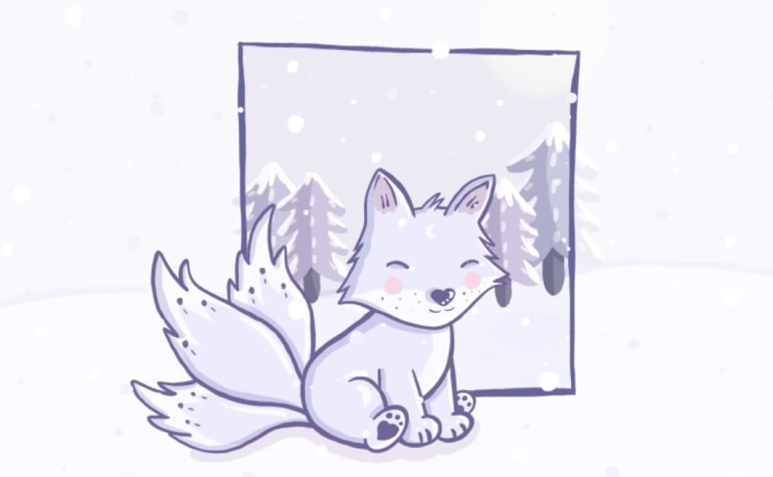 light purple drawing of a fox with 3 tails in the snow