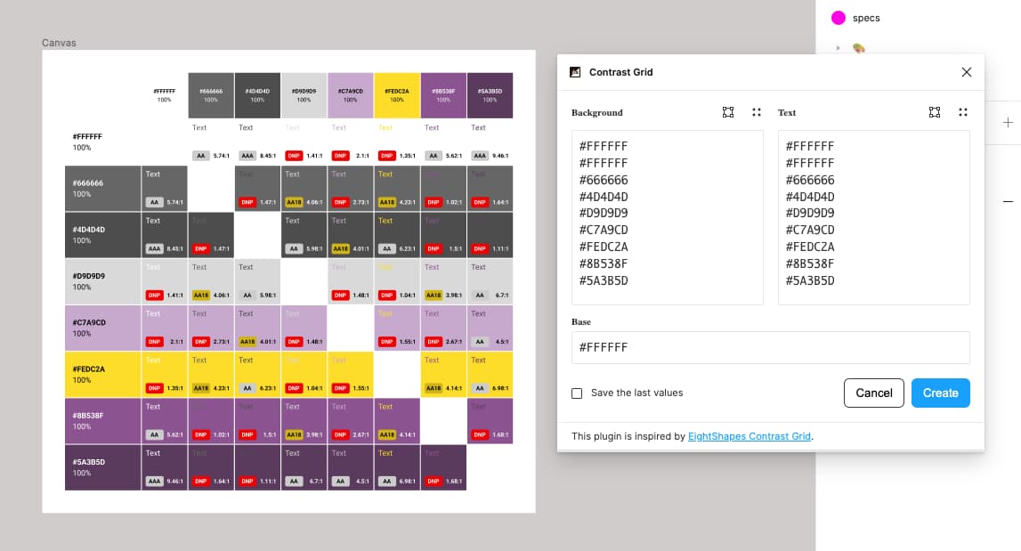 A grid generated with the plugin with the color of my site combined and the plugin on the right where user can chose the list of foreground and background colors