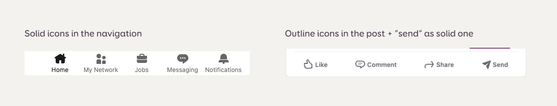 Solid icons in the LinkedIn navigation vs outline ones in the posts, + send icons as a solid one