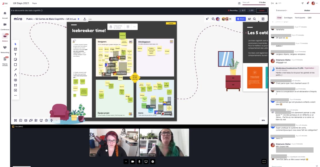 Screenshot of the 4 quadrant ice breaker filled with post its, inside the hopin conference tool with laurence and I at the bottom and participants on the right