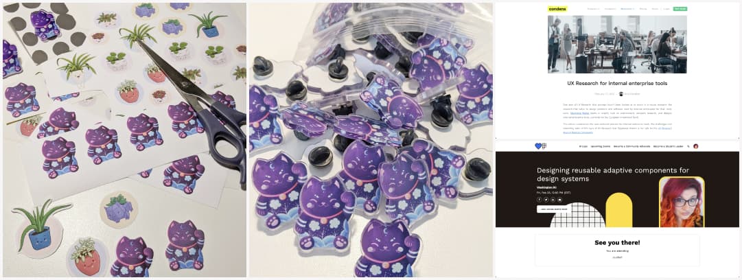 Some purple manekineko pins and stickers, plants stickers and 2 screenshots of upcoming events