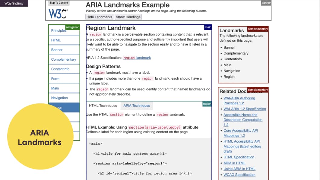 A page with the different aria landmarks marked with little boxes (navigation, banner, main, etc.)