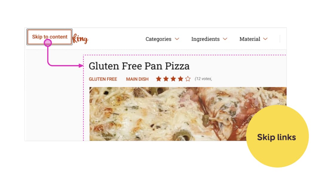 Example of a Skip to Content link on a cooking site that shows the link is going to the main content area of the page