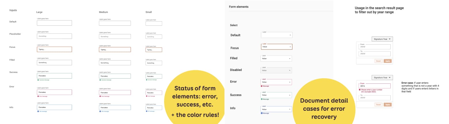 Example of generic input documentation at component level with all states including focus. And, the same input select, used in a read page, with error case and error message