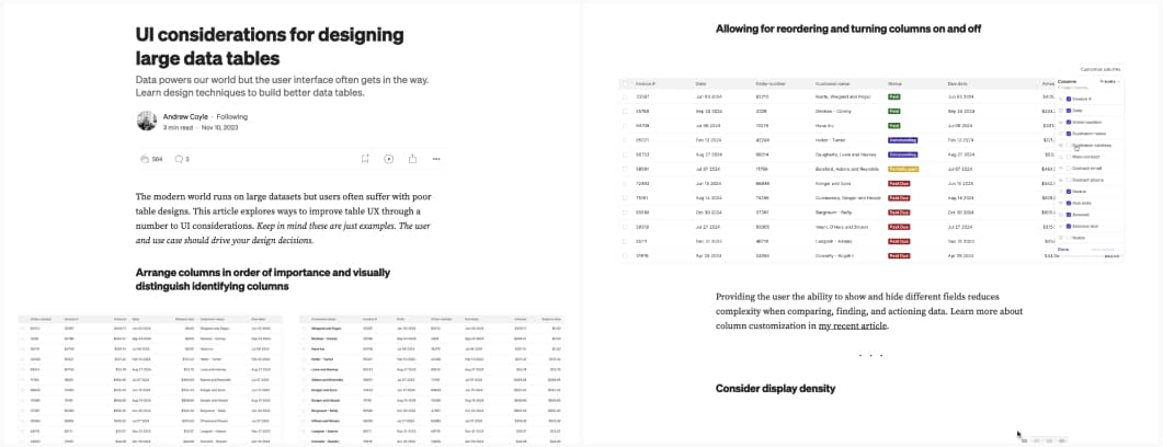 Screenshot of "UI considerations for designing large data tables" with examples of column ordering
