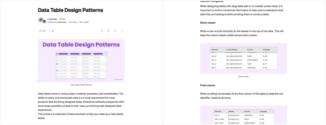Screenshot of "Data Table Design Patterns" with examples of do and don't