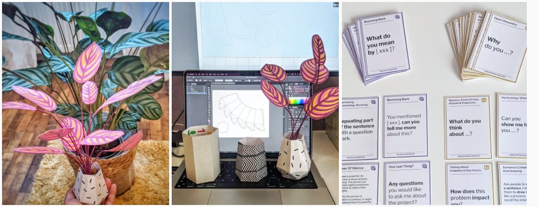 Colorful paper calatheas on the left, 3 paper vases with illustrator on the background in the middle, some purple and yellow cards on the right