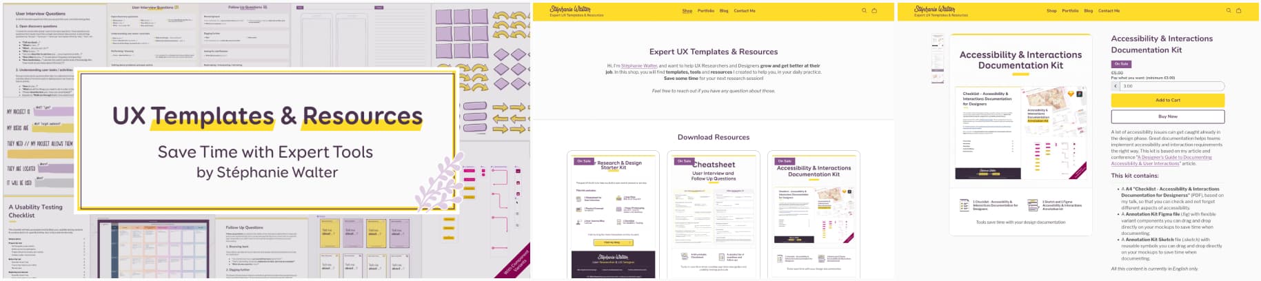 Screenshots of the shop that has the same visual identity as my site. The text says "UX Templates & Resources, save time with expert tools by Stéphanie Walter"