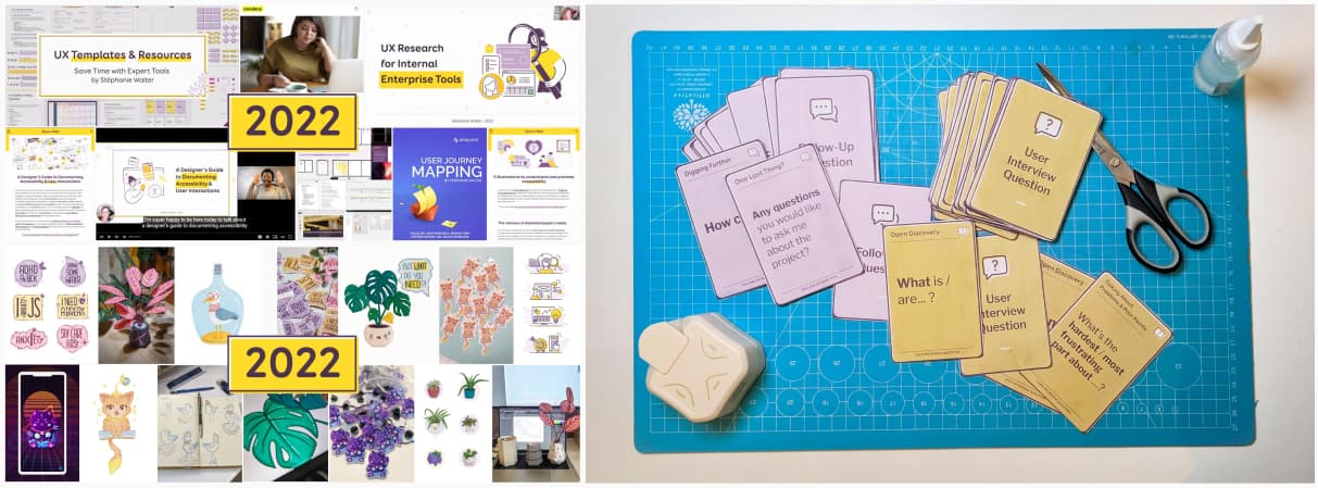 collage of the 2022 in review pro and craft articles, and some rounded corner yellow and purple interview cards hand cut on a blue cutting mat