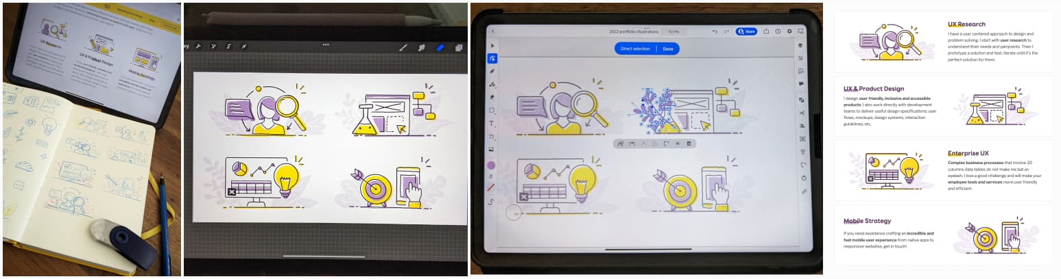 Drawing on paper of my homepage illustrations, the same in iPad Procreate, then in Illustration and a screenshot of the final ones on the homepage