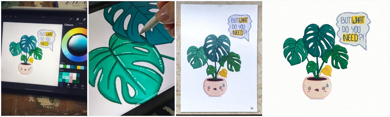A drawing of a Monstera with a yellow leave and a speak bubble saying "but, what do you need" to tha plant. A zoomed in drawing with the leaves, the same plant printed as A5 postcard