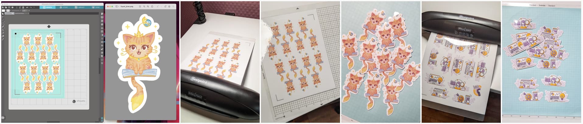 Some Yummi (and orange magic cat floating on a book) displayed in a software, the same ones in the lamination machine, then the final ones cut. A second sheet of stickers with illustrations from my homepage in the lamination machine and cut.