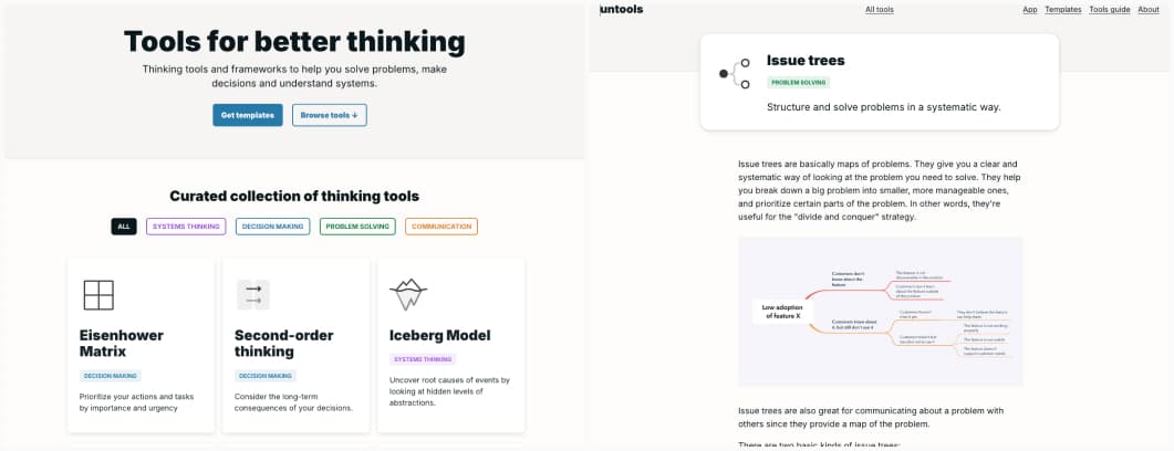 Screenshot of Tools for better thinking, showcasing the homepage with a list of tools, and a tool detail page