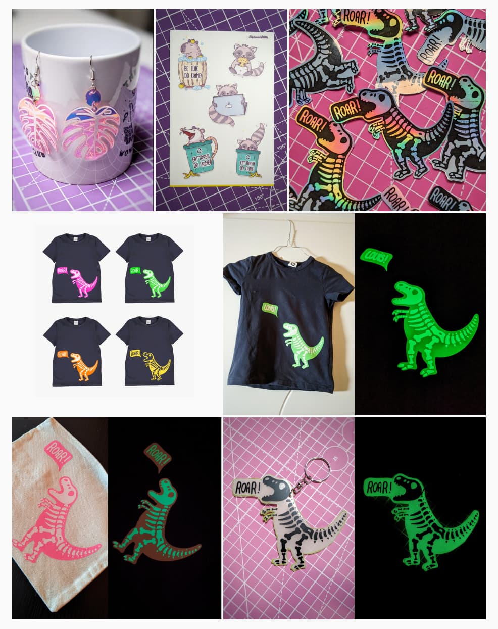 A collage with iridescent earings, some animal stickers, dinosaur stickers, glow in the dark dinosaur shirt and pencil case, glow in the dark dino keychain