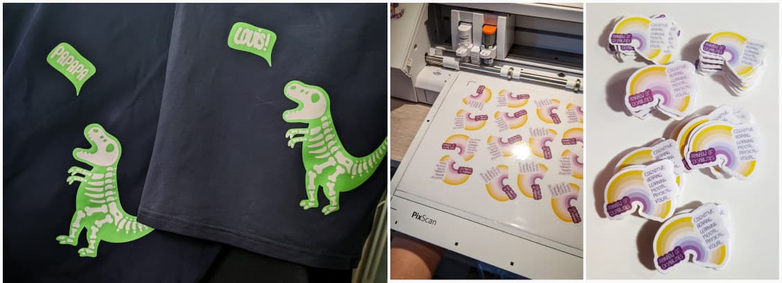 Glow in the dark dino on a shirt and accessibility stickers