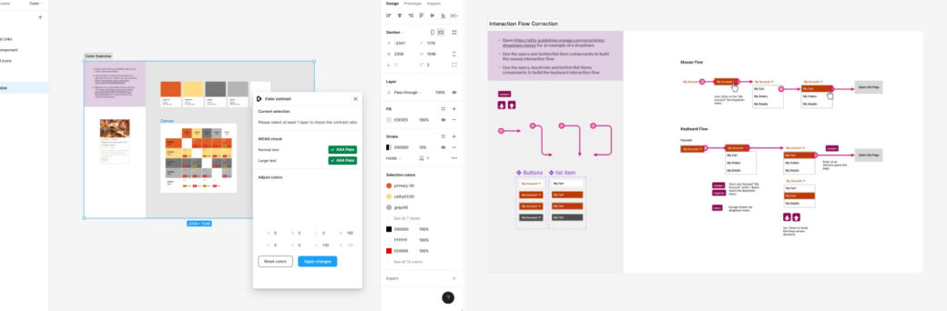 Two exercises in Figma: a color contrast checker one and a keyboard navigation documentation one