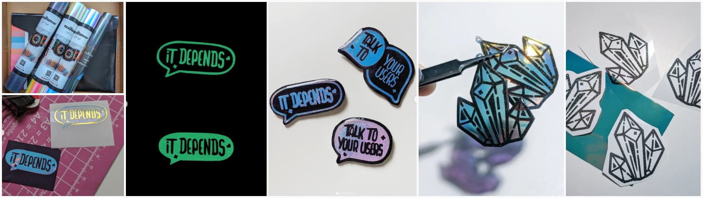 collage of pictures of my 'it depends' pin in a speech bubble, 'talk to your users' in a speech bubble and a crystal