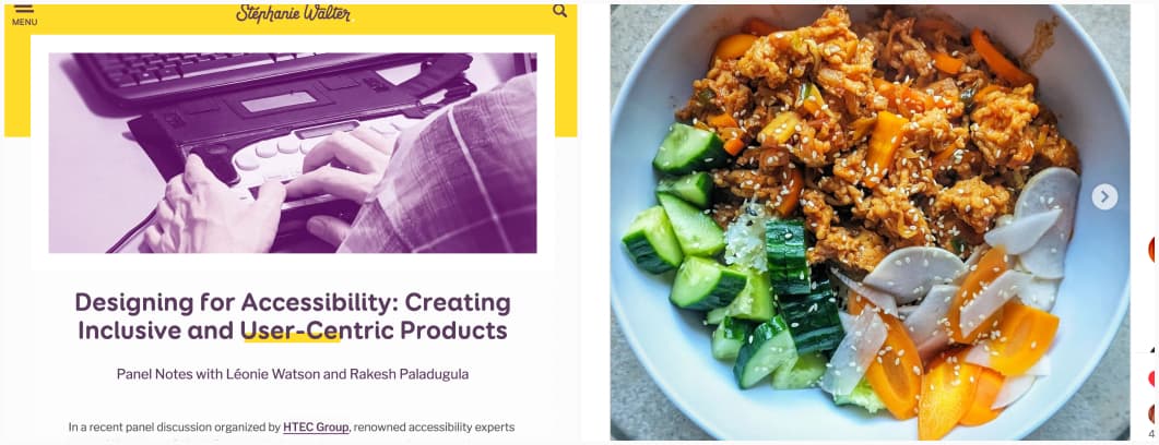 Screenshot of the article on the left and a picture of orange chicken on a bowl of rice with cucuombers and carotts