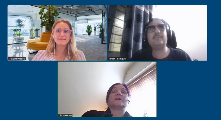 Screenshot of the zoom panel including Biljana Podolski, Rakesh Paladugula and Léonie Watson on webcam 