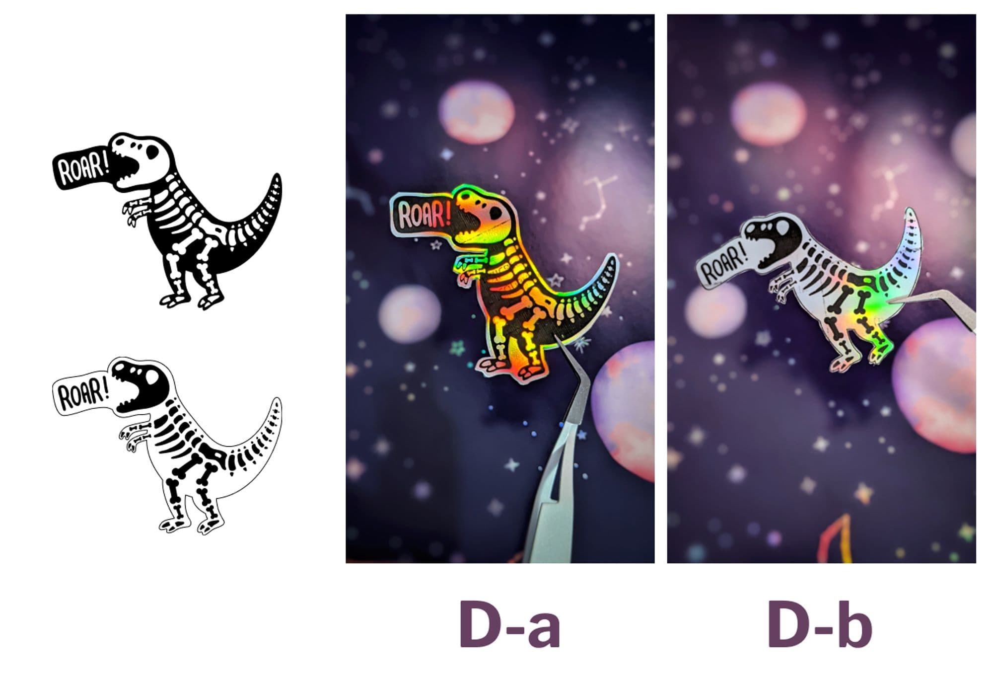 D-a: holographic dinosaur skeleton, black background D-b: holographic dinosaur background, black skelton Both say "Roar!"