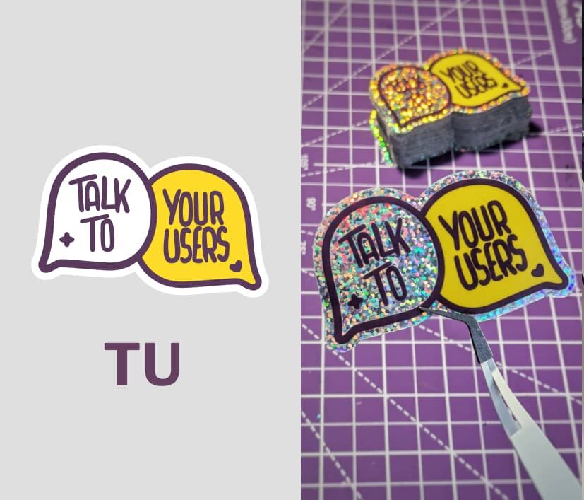 "talk to your users" stickers, the text is in 2 speech bubbles and the "talk to" is on glitter background