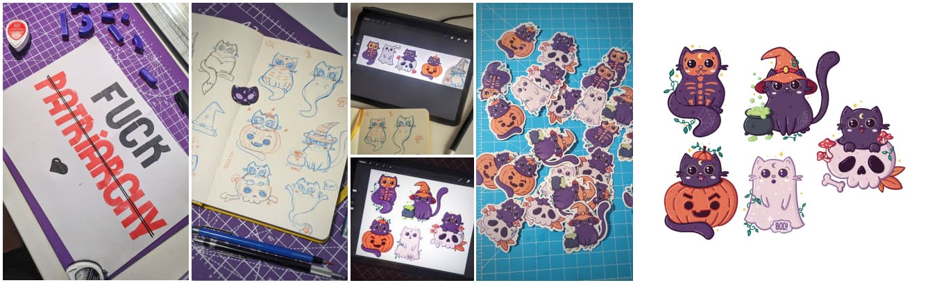 A A4 paper with "fuck patriarchy" written in black and red using small little pieces of stamps and different pictures of some halloween purple cats illustrations and sticker making of process