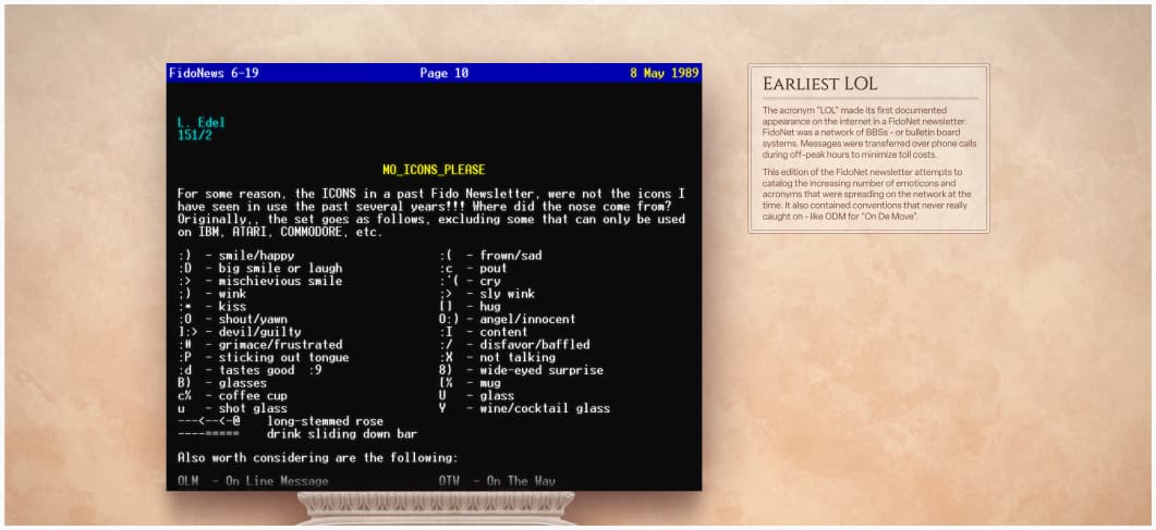 Screenshot of the site, imitating an old museum: the background imitates some olds school ancient marble, a terminal with a white on black list of text emojis sitting on a pedestal. The description says "earliest LOL" and details of the art are available on the right. The whole visual identity gives some old ancient statue cliché museum vibes.