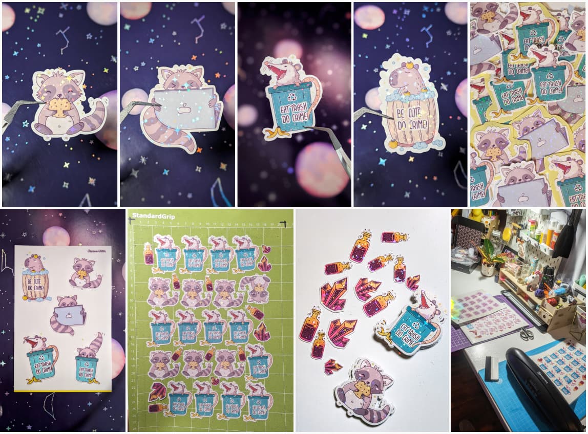 Collage of different photos with cute raccoons, capybaras and opossum stickers, with glitter overlay