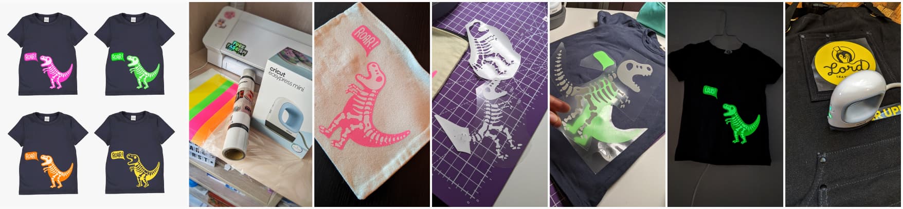 Collage of photos of pink and purple dinosaurs with white bones, cut in heat transfer vinyl. And a black apron with a yellow "Lord Leathercraft" vinyl sticker
