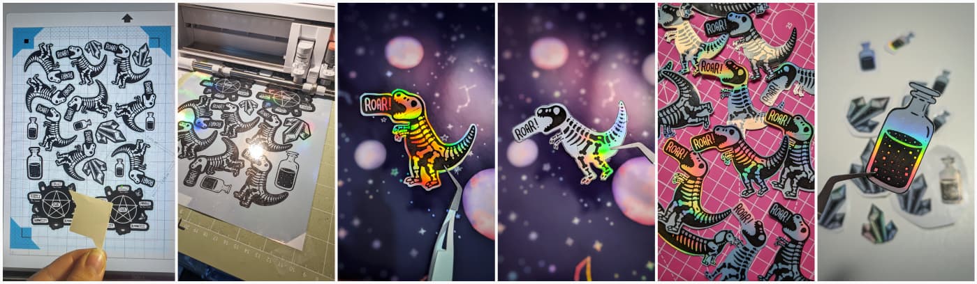 Collage of the making process and final stickers, with black dinosaurs on a holographic background (and a potion)