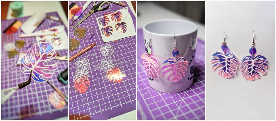collage of pictures of the creation of pink iridescent PVC earrings shaped like monstera leaves