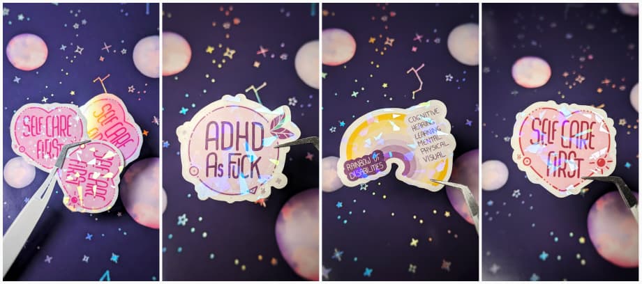 Collage of some "self care first", "adhd as fuck" and rainbow of disability stickers, with glitter and broken glass overlay