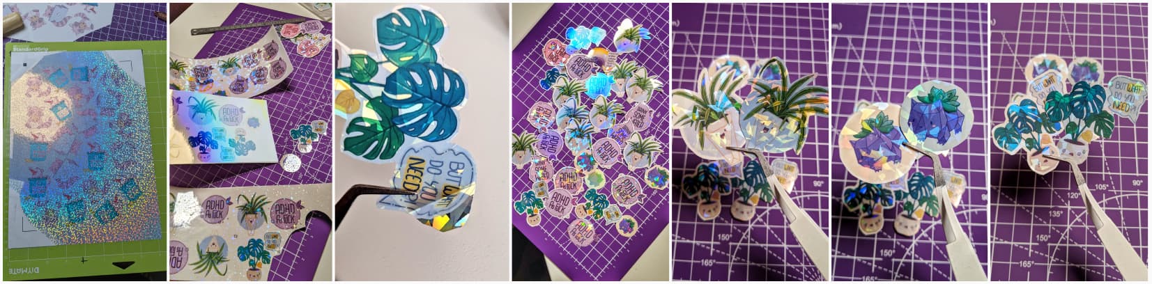 A collage of photo of different holographic and glitter stickers, including plants, some "adhd as fuck purple stickers" and more. One of the photo shows a damaged sticker with the holographic part separating from the rest.