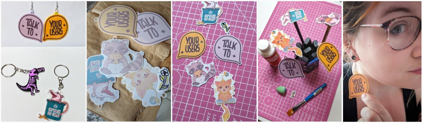 Collage of different shrink plastic pieces including some "talk to" on one side "your users" on the other side earings
