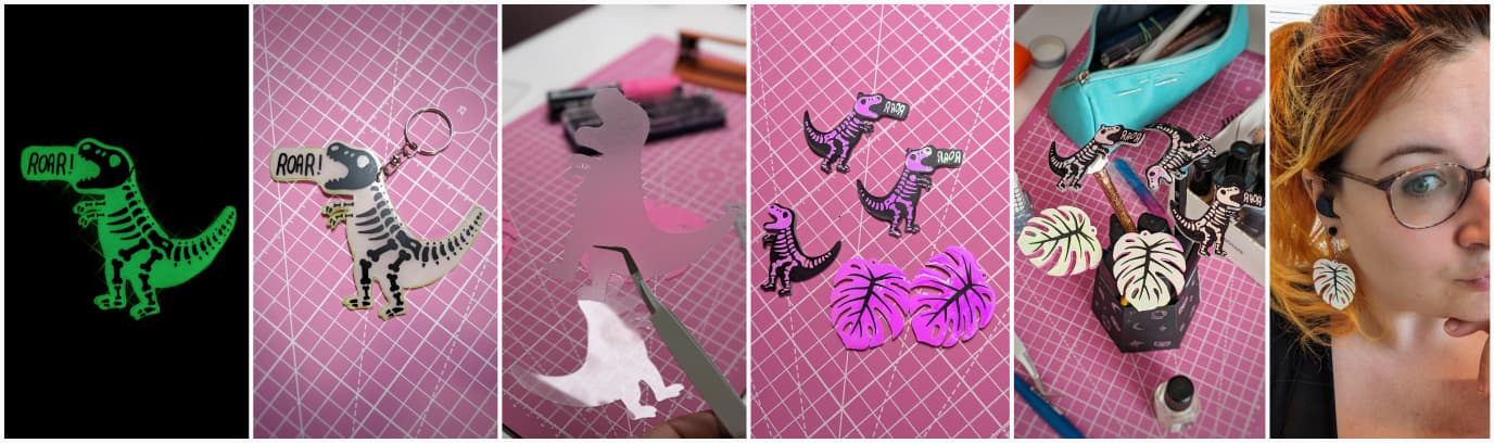 Collage of different shrink plastic pieces including a glow in the dark black and white dinosaur and some pink iridescent monstera leaves