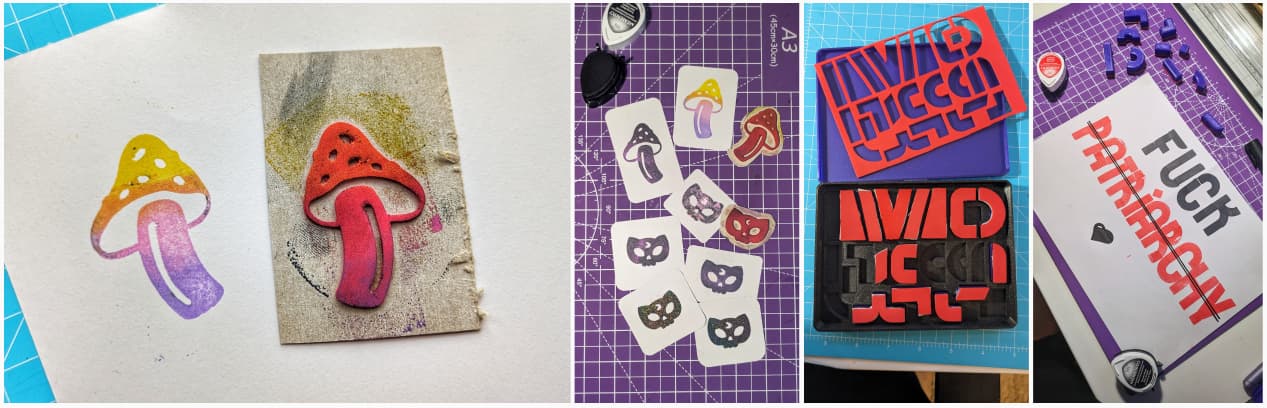 Collage of different stamps, including a mushroom, some cat head and some geometric shapes to create letters